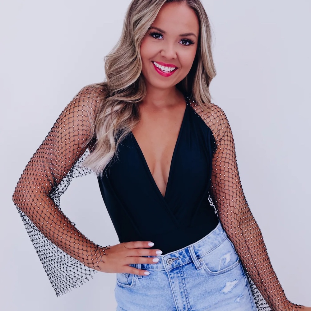 Mesh Rhinestone Sleeve Bodysuit